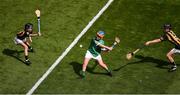 17 July 2022; Cian Boylan, Diffreen N.S., Diffreen, Leitrim, representing Limerick, in action against, Ryan Murphy, St. Canices PS, Feeny, Derry, left, and Patrick Aylward, St Beacons N.S., Mullinavat, Kilkenny, representing Kilkenny, during the INTO Cumann na mBunscol GAA Respect Exhibition Go Games at half-time of the GAA All-Ireland Senior Hurling Championship Final match between Kilkenny and Limerick at Croke Park in Dublin. Photo by Daire Brennan/Sportsfile