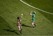 17 July 2022; Conor Gilleece, Tattygar PS, Lisbellaw, Fermanagh, representing Limerick, in action against Patrick Aylward, St Beacons N.S., Mullinavat, Kilkenny, representing Kilkenny, during the INTO Cumann na mBunscol GAA Respect Exhibition Go Games at half-time of the GAA All-Ireland Senior Hurling Championship Final match between Kilkenny and Limerick at Croke Park in Dublin. Photo by Daire Brennan/Sportsfile