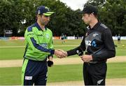 20 July 2022; Ireland captain Andrew Balbirnie, left, and New Zealand captain Mitchell Santner before the Men's T20 International match between Ireland and New Zealand at Stormont in Belfast. Photo by Seb Daly/Sportsfile