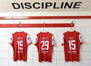 20 July 2022; The jerseys of St Patrick's Athletic players, from left, Anto Breslin, Paddy Barrett and Billy King in their dressing room the day before the UEFA Europa Conference League 2022/23 Second Qualifying Round First Leg match between St Patrick's Athletic and Mura at Richmond Park in Dublin. Photo by Piaras Ó Mídheach/Sportsfile