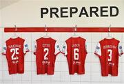 20 July 2022; The jerseys of St Patrick's Athletic players, from left, Thijs Timmermans, Barry Cotter, Jamie Lennon and Ian Bermingham in their dressing room the day before the UEFA Europa Conference League 2022/23 Second Qualifying Round First Leg match between St Patrick's Athletic and Mura at Richmond Park in Dublin. Photo by Piaras Ó Mídheach/Sportsfile
