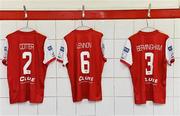 20 July 2022; The jerseys of St Patrick's Athletic players, from left, Barry Cotter, Jamie Lennon and Ian Bermingham in their dressing room the day before the UEFA Europa Conference League 2022/23 Second Qualifying Round First Leg match between St Patrick's Athletic and Mura at Richmond Park in Dublin. Photo by Piaras Ó Mídheach/Sportsfile