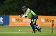 20 July 2022; Paul Stirling of Ireland plays a shot, as his bat breaks, during the Men's T20 International match between Ireland and New Zealand at Stormont in Belfast. Photo by Seb Daly/Sportsfile