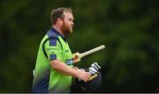 20 July 2022; Paul Stirling of Ireland leaves the field after being dismissed by Mitchell Santner of New Zealand during the Men's T20 International match between Ireland and New Zealand at Stormont in Belfast. Photo by Seb Daly/Sportsfile