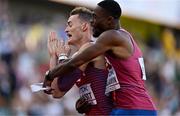 19 July 2022; Rai Benjamin, right, and Trevor Bassitt of United States celebrate after winning silver and bronze medals respectively in the Men's 400m Hurdles Final during day five of the World Athletics Championships at Hayward Field in Eugene, Oregon, USA. Photo by Sam Barnes/Sportsfile