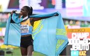 20 July 2022; Norah Jeruto of Kazakhstan celebrates with her gold medal after winning the Women's 3000m Steeplechase Final during day six of the World Athletics Championships at Hayward Field in Eugene, Oregon, USA. Photo by Sam Barnes/Sportsfile