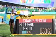 20 July 2022; Norah Jeruto of Kazakhstan celebrates with her gold medal after winning, and setting a Championship Record with a time of 8:53.02, in the Women's 3000m Steeplechase Final during day six of the World Athletics Championships at Hayward Field in Eugene, Oregon, USA. Photo by Sam Barnes/Sportsfile