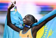 20 July 2022; Norah Jeruto of Kazakhstan celebrates with her gold medal after winning the Women's 3000m Steeplechase Final during day six of the World Athletics Championships at Hayward Field in Eugene, Oregon, USA. Photo by Sam Barnes/Sportsfile