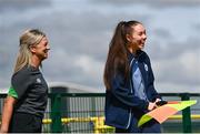 21 July 2022; Paula Brady, National Referees Committee, with Shelbourne footballer Leah Doyle during the #NoRefNoGame training programme at the FAI headquarters in Abbotstown, Dublin. Photo by David Fitzgerald/Sportsfile
