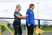 21 July 2022; Paula Brady, National Referees Committee, with DLR Waves footballer Kate Mooney during the #NoRefNoGame training programme at the FAI headquarters in Abbotstown, Dublin. Photo by David Fitzgerald/Sportsfile