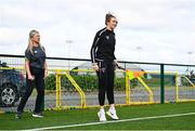 21 July 2022; Paula Brady, National Referees Committee, with Wexford Youths footballer Maeve Williams during the #NoRefNoGame training programme at the FAI headquarters in Abbotstown, Dublin. Photo by David Fitzgerald/Sportsfile
