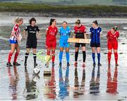 21 July 2022; Players, from left, Jesse Mendez of Treaty United, Della Doherty of Wexford Youths, Alex Kavanagh of Shelbourne, Kate Mooney of DLR Waves, Yvonne Hedigan of Bohemians, Roisin Molloy of Athlone Town and Emma Hansberry of Sligo Rovers at Coney Island in Sligo for the announcement the SSE Airtricity Women’s National League will once again light up free-to-air television when the TG4 cameras return for 10 live games. Photo by Stephen McCarthy/Sportsfile