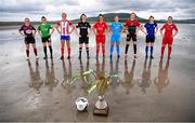 21 July 2022; Players, from left, Julie Ann Russell of Galway WFC, Dearbhaile Beirne of Peamount United, Jesse Mendez of Treaty United, Della Doherty of Wexford Youths, Alex Kavanagh of Shelbourne, Kate Mooney of DLR Waves, Yvonne Hedigan of Bohemians, Roisin Molloy of Athlone Town and Emma Hansberry of Sligo Rovers at Coney Island in Sligo for the announcement the SSE Airtricity Women’s National League will once again light up free-to-air television when the TG4 cameras return for 10 live games. Photo by Stephen McCarthy/Sportsfile