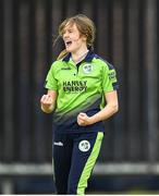 21 July 2022; Georgina Dempsey of Ireland celebrates after she takes her sides first wicket during the Women's T20 International match between Ireland and Australia at Bready Cricket Club in Bready, Tyrone. Photo by George Tewkesbury/Sportsfile