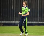 21 July 2022; Georgina Dempsey of Ireland celebrates after she takes her sides first wicket during the Women's T20 International match between Ireland and Australia at Bready Cricket Club in Bready, Tyrone. Photo by George Tewkesbury/Sportsfile