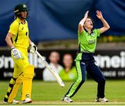 21 July 2022; Rachel Delaney of Ireland reacts after missing the wicket in front of Meg Lanning of Australia during the Women's T20 International match between Ireland and Australia at Bready Cricket Club in Bready, Tyrone. Photo by George Tewkesbury/Sportsfile