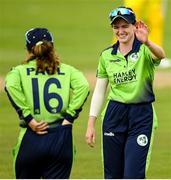 21 July 2022; Rachel Delaney of Ireland, right with team mate Leah Paul during the Women's T20 International match between Ireland and Australia at Bready Cricket Club in Bready, Tyrone. Photo by George Tewkesbury/Sportsfile