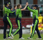 21 July 2022; Cara Murrary of Ireland celebrates with team mates Gaby Lewis, left, and Georgina Dempsey after taking her sides fourth wicket during the Women's T20 International match between Ireland and Australia at Bready Cricket Club in Bready, Tyrone. Photo by George Tewkesbury/Sportsfile