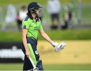 21 July 2022; A dejected Rebecca Stokell of Ireland after being caught out during the Women's T20 International match between Ireland and Australia at Bready Cricket Club in Bready, Tyrone. Photo by George Tewkesbury/Sportsfile