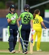 21 July 2022; Orla Prendergast of Ireland celebrates with team mate Gaby Lewis after hitting a boundary during the Women's T20 International match between Ireland and Australia at Bready Cricket Club in Bready, Tyrone. Photo by George Tewkesbury/Sportsfile