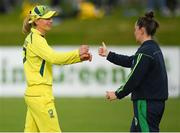 21 July 2022; Meg Lanning of Australia is congraulated by Laura Delany of Ireland after her side's victory in the Women's T20 International match between Ireland and Australia at Bready Cricket Club in Bready, Tyrone. Photo by George Tewkesbury/Sportsfile