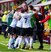 21 July 2022; The Sligo Rovers players celebrate Aidan Keena's goal making it 1-0 during the UEFA Europa Conference League 2022/23 Second Qualifying Round First Leg match between Motherwell and Sligo Rovers at Fir Park in Motherwell, Scotland. Photo by Roddy Scott/Sportsfile