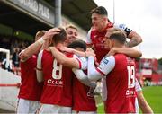 21 July 2022; St Patrick's Athletic players celebrates after Chris Forrester, 8, scored their side's first goal during the UEFA Europa Conference League 2022/23 Second Qualifying Round First Leg match between St Patrick's Athletic and NS Mura at Richmond Park in Dublin. Photo by Stephen McCarthy/Sportsfile