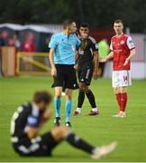 21 July 2022; Mark Doyle of St Patrick's Athletic looks towards referee Ishmael Barbara after he was shown a red card during the UEFA Europa Conference League 2022/23 Second Qualifying Round First Leg match between St Patrick's Athletic and NS Mura at Richmond Park in Dublin. Photo by Stephen McCarthy/Sportsfile