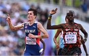 21 July 2022; Jakob Ingebrigtsen of Norway, left, celebrates finishing second during the Men's 5000m heats during day seven of the World Athletics Championships at Hayward Field in Eugene, Oregon, USA. Photo by Sam Barnes/Sportsfile