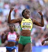 21 July 2022; Shericka Jackson of Jamaica celebrates after winning the Women's 200m final during day seven of the World Athletics Championships at Hayward Field in Eugene, Oregon, USA. Photo by Sam Barnes/Sportsfile