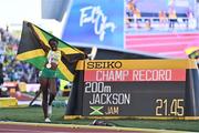 21 July 2022; Shericka Jackson of Jamaica after winning the Women's 200m final during day seven of the World Athletics Championships at Hayward Field in Eugene, Oregon, USA. Photo by Sam Barnes/Sportsfile