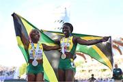 21 July 2022; Shericka Jackson of Jamaica, left, who won gold, and Shelly-Ann Fraser-Pryce of Jamaica, who won silver, celebrate after the Women's 200m final during day seven of the World Athletics Championships at Hayward Field in Eugene, Oregon, USA. Photo by Sam Barnes/Sportsfile