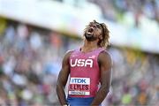 21 July 2022; Noah Lyles of USA celebrates winning the Men's 200m final during day seven of the World Athletics Championships at Hayward Field in Eugene, Oregon, USA. Photo by Sam Barnes/Sportsfile