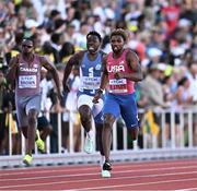 21 July 2022; Noah Lyles of USA, centre, on the way to winning the Men's 200m final during day seven of the World Athletics Championships at Hayward Field in Eugene, Oregon, USA. Photo by Sam Barnes/Sportsfile
