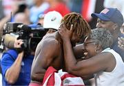21 July 2022; Noah Lyles of USA celebrates with his mother Keisha after winning the Men's 200m final during day seven of the World Athletics Championships at Hayward Field in Eugene, Oregon, USA. Photo by Sam Barnes/Sportsfile