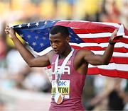 21 July 2022; Erriyon Knighton of USA, who won bronze, celebrates after the Men's 200m final during day seven of the World Athletics Championships at Hayward Field in Eugene, Oregon, USA. Photo by Sam Barnes/Sportsfile