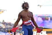 21 July 2022; Noah Lyles of USA celebrates after winning the Men's 200m final during day seven of the World Athletics Championships at Hayward Field in Eugene, Oregon, USA. Photo by Sam Barnes/Sportsfile