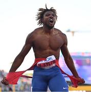 21 July 2022; Noah Lyles of USA celebrates after winning the Men's 200m final during day seven of the World Athletics Championships at Hayward Field in Eugene, Oregon, USA. Photo by Sam Barnes/Sportsfile