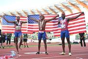 21 July 2022; Noah Lyles of USA, centre, who won gold, Kenneth Bednarek of USA, right, who won silver, and Erriyon Knighton of USA, who won bronze, celebrate after the Men's 200m final during day seven of the World Athletics Championships at Hayward Field in Eugene, Oregon, USA. Photo by Sam Barnes/Sportsfile