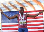 21 July 2022; Erriyon Knighton of USA, who won bronze, celebrates after the Men's 200m final during day seven of the World Athletics Championships at Hayward Field in Eugene, Oregon, USA. Photo by Sam Barnes/Sportsfile