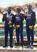 21 July 2022; Noah Lyles of USA, centre, who won gold, Kenneth Bednarek of USA, left, who won silver, and Erriyon Knighton of USA, who won bronze, celebrate after the Men's 200m final during day seven of the World Athletics Championships at Hayward Field in Eugene, Oregon, USA. Photo by Sam Barnes/Sportsfile