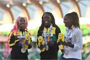 21 July 2022; Shericka Jackson of Jamaica, centre, who won gold, Shelly-Ann Fraser-Pryce of Jamaica, left, who won silver, and Dina Asher-Smith of Great Britain, who won bronze, celebrate after the Women's 200m final during day seven of the World Athletics Championships at Hayward Field in Eugene, Oregon, USA. Photo by Sam Barnes/Sportsfile