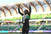 21 July 2022; Shericka Jackson of Jamaica, who won gold, celebrates after the Women's 200m final during day seven of the World Athletics Championships at Hayward Field in Eugene, Oregon, USA. Photo by Sam Barnes/Sportsfile