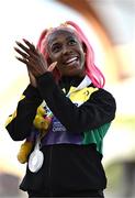 21 July 2022; Shelly-Ann Fraser-Pryce of Jamaica, who won silver, celebrates after the Women's 200m final during day seven of the World Athletics Championships at Hayward Field in Eugene, Oregon, USA. Photo by Sam Barnes/Sportsfile