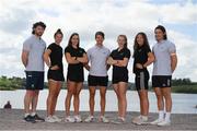 22 July 2022; Irish rowers, from left, Ronan Byrne, Zoe Hyde, Natalie Long, Fintan McCarthy, Emily Heagerty, Tara Hanlon and Ross Corrigan during the Rowing Ireland Whoop Sponsorship Launch at the National Rowing Centre in Cork. Photo by Eóin Noonan/Sportsfile