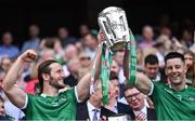 17 July 2022; Limerick players Tom Morrissey, left, and Dan Morrissey lift the Liam MacCarthy Cup after their side's victory in the GAA Hurling All-Ireland Senior Championship Final match between Kilkenny and Limerick at Croke Park in Dublin. Photo by Piaras Ó Mídheach/Sportsfile