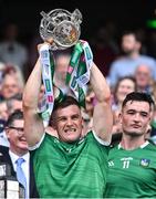 17 July 2022; Mike Casey of Limerick lifts the Liam MacCarthy Cup after his side's victory in the GAA Hurling All-Ireland Senior Championship Final match between Kilkenny and Limerick at Croke Park in Dublin. Photo by Piaras Ó Mídheach/Sportsfile