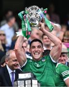 17 July 2022; Seán Finn of Limerick lifts the Liam MacCarthy Cup after his side's victory in the GAA Hurling All-Ireland Senior Championship Final match between Kilkenny and Limerick at Croke Park in Dublin. Photo by Piaras Ó Mídheach/Sportsfile