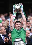 17 July 2022; Aaron Gillane of Limerick lifts the Liam MacCarthy Cup after his side's victory in the GAA Hurling All-Ireland Senior Championship Final match between Kilkenny and Limerick at Croke Park in Dublin. Photo by Piaras Ó Mídheach/Sportsfile