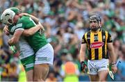 17 July 2022; Richie Hogan of Kilkenny looks as Limerick players Nickie Quaid, left, and Kyle Hayes celebrate after the GAA Hurling All-Ireland Senior Championship Final match between Kilkenny and Limerick at Croke Park in Dublin. Photo by Piaras Ó Mídheach/Sportsfile